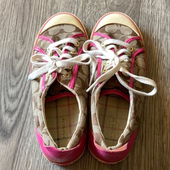 Coach Barrett Sneaker 👟 Signature Jacquard Fabric Brown, White & Pink Size 8 B. - Picture 1 of 10